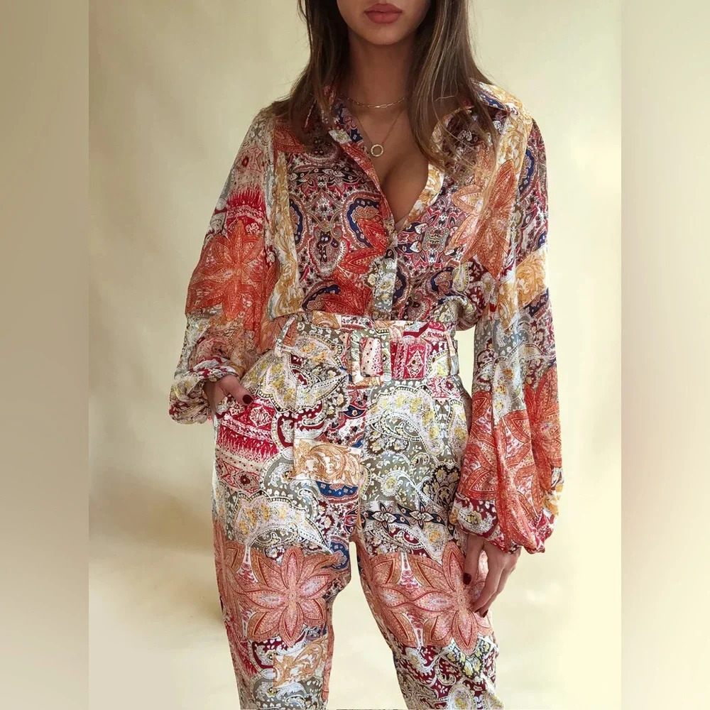 A Peach Masala Paisley Flower Design Trouser Set Size Large NWT - Picture 6 of 13